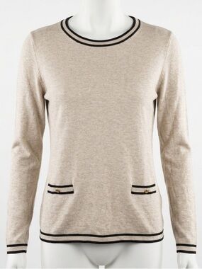 Sfera Parisian Knit Sweater Tan Beige Black Trim Faux Pocket Gold Button EUR XL